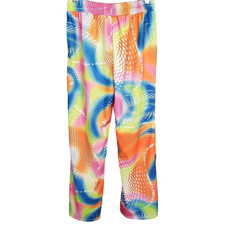 FUBU X Forever 21 Size M Pants Pull-On Wide Leg Rainbow Swirl Logo StreetWear - Picture 3 of 11
